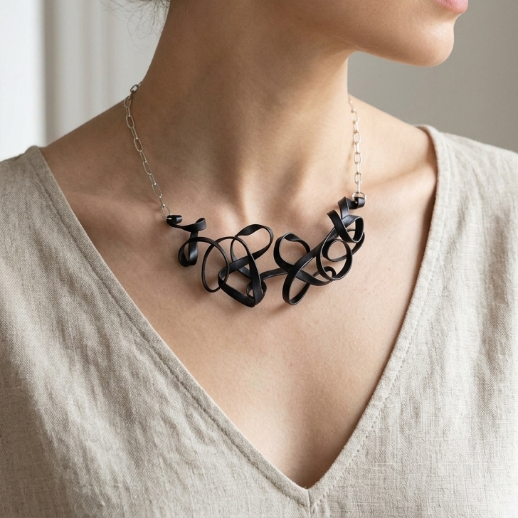 Black Flattened Ribbon-like Aluminum Wire Choker Necklace